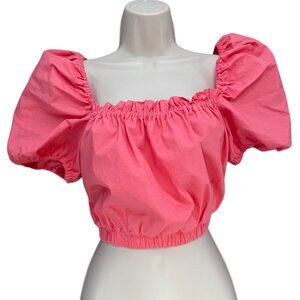 LDT Chloe Crop Top Womens Pink Puff Sleeve Square Neck Pleated Pullover Size 4